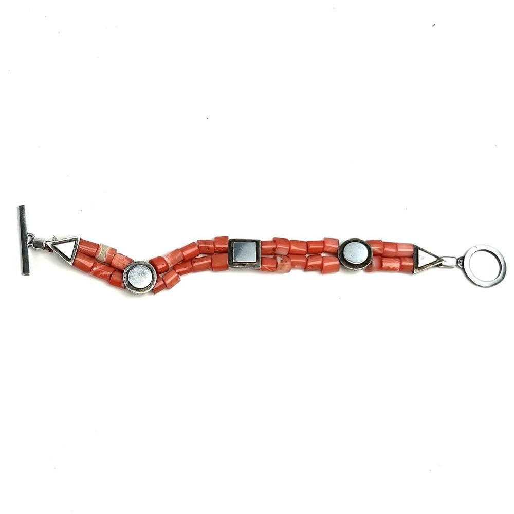 SAKI 925 Sterling Silver Salmon Coral Double Strand Bracelet 32.45g 7"